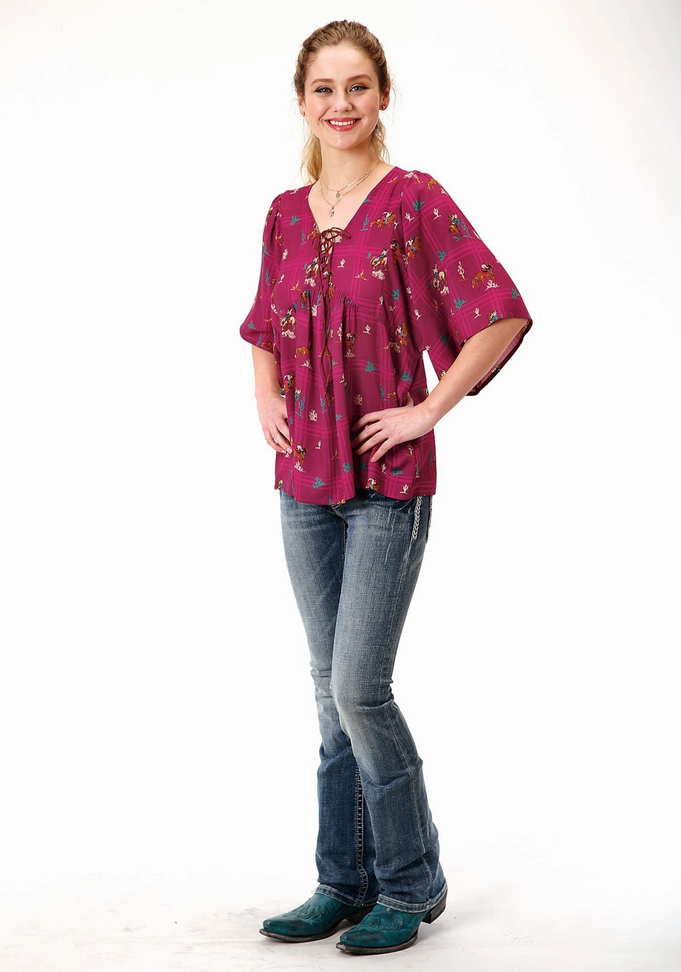 Minimalist fashion Layered Sleeve Cuffs Roper Womens Red Rayon/Nylon Retro Cowboys S/S Blouse