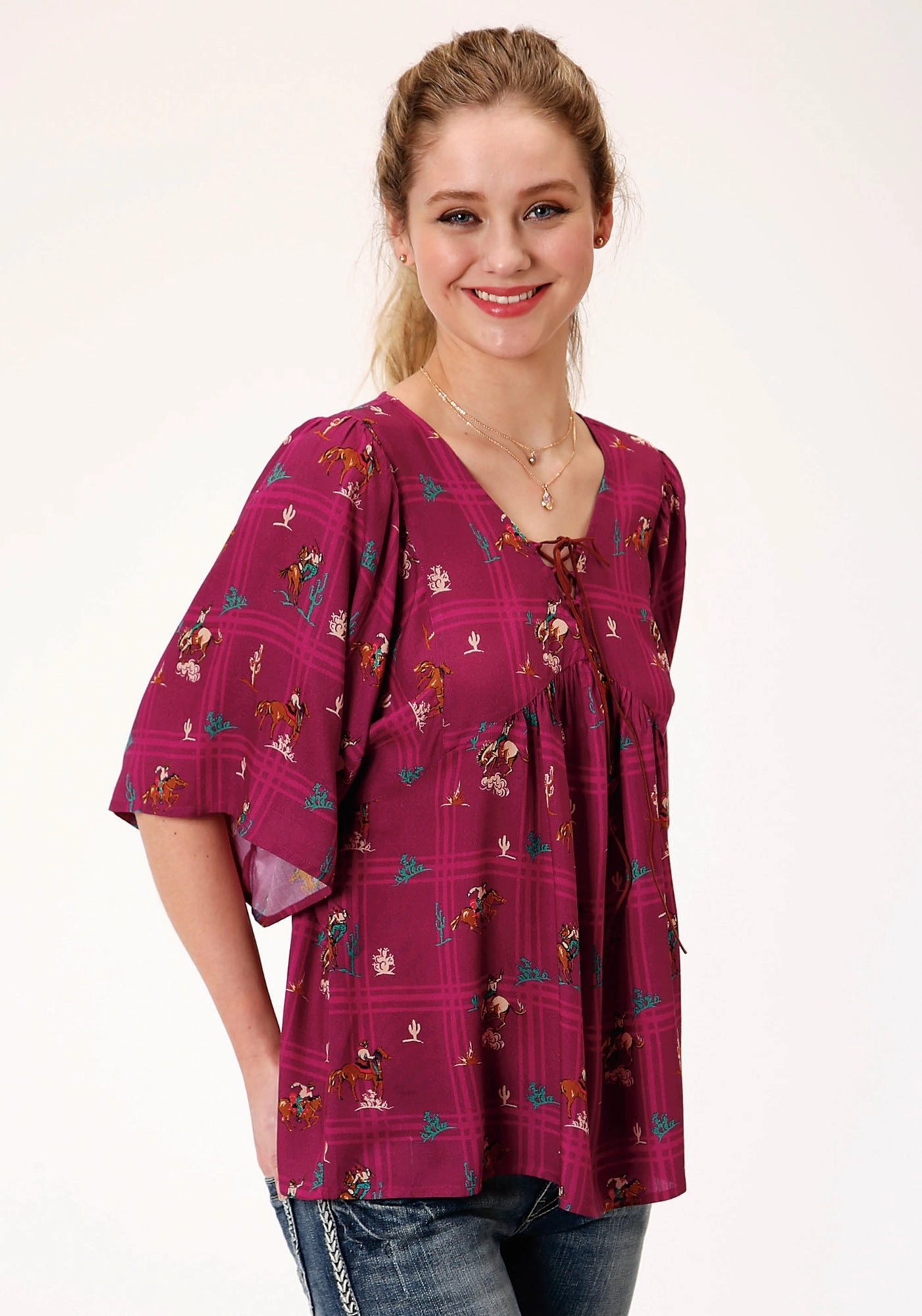 Networking Session Roper Womens Red Rayon/Nylon Retro Cowboys S/S Blouse