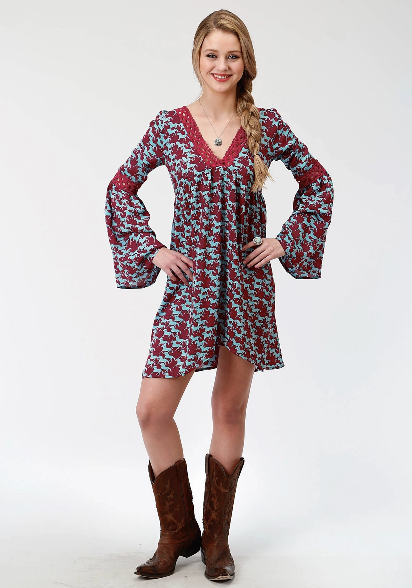 Antibacterial Treatment Warm Classic Roper Womens Red Rayon/Nylon Stampede Print L/S Dress