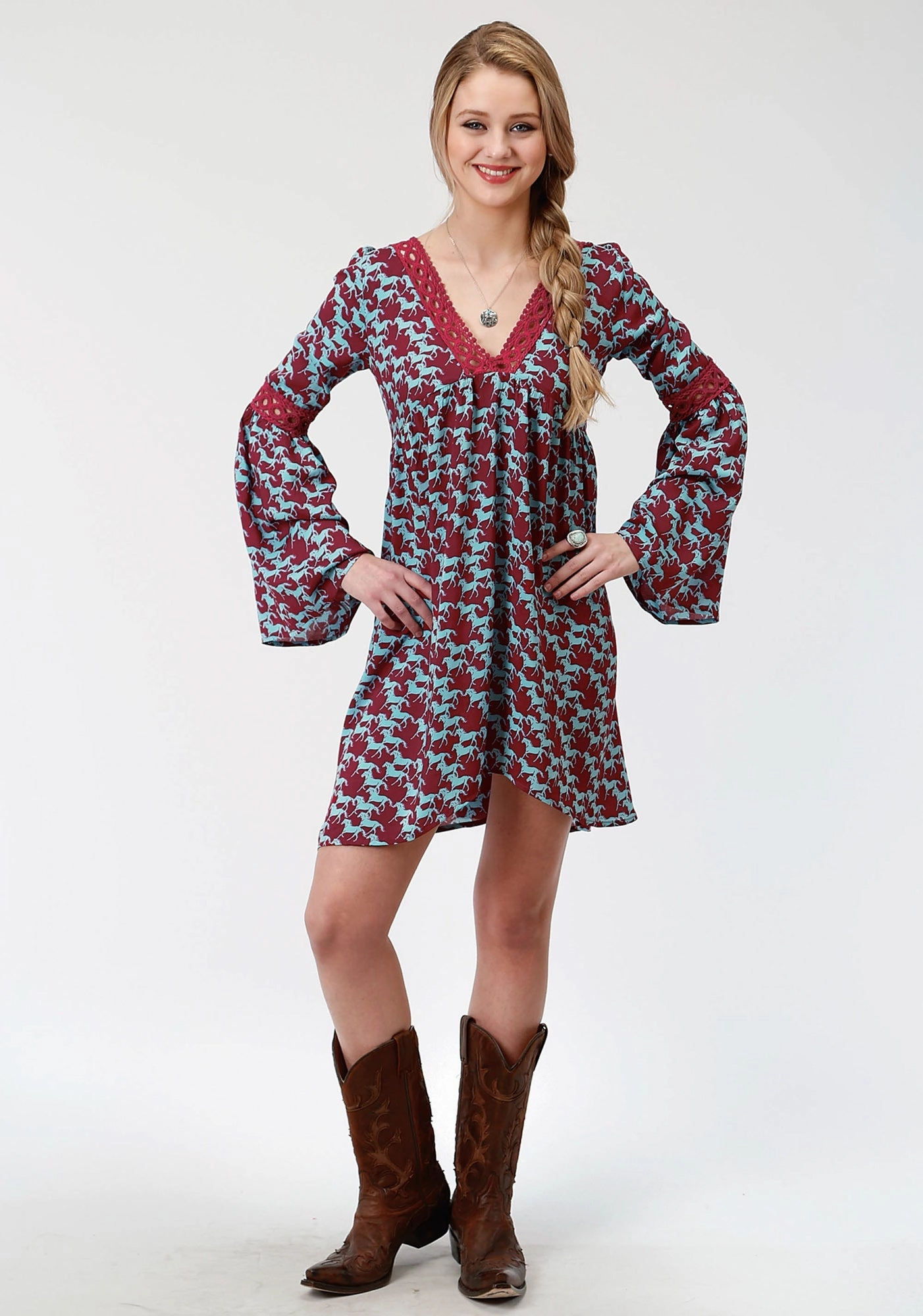 Roper Womens Red Rayon/Nylon Stampede Print L/S Dress Charming Style Fashionable Look