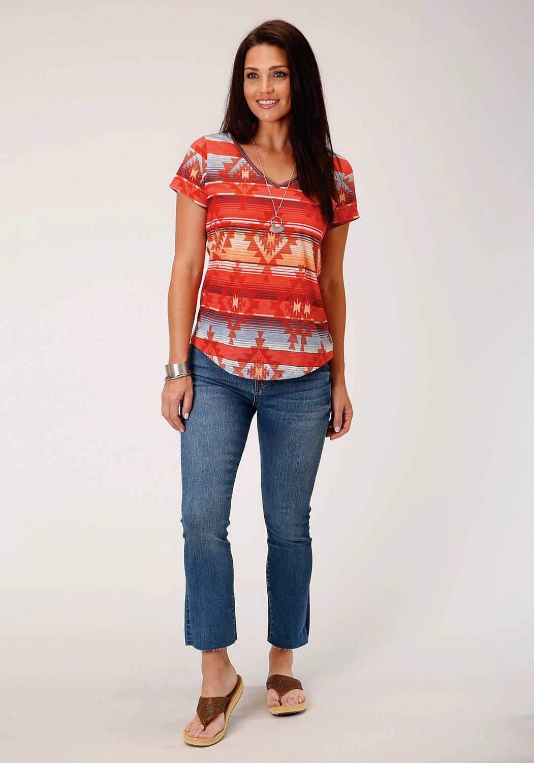 Flexible Shoulder Construction Roper Womens Red Sublimation Multi-Color 100% Polyester S/S Blouse