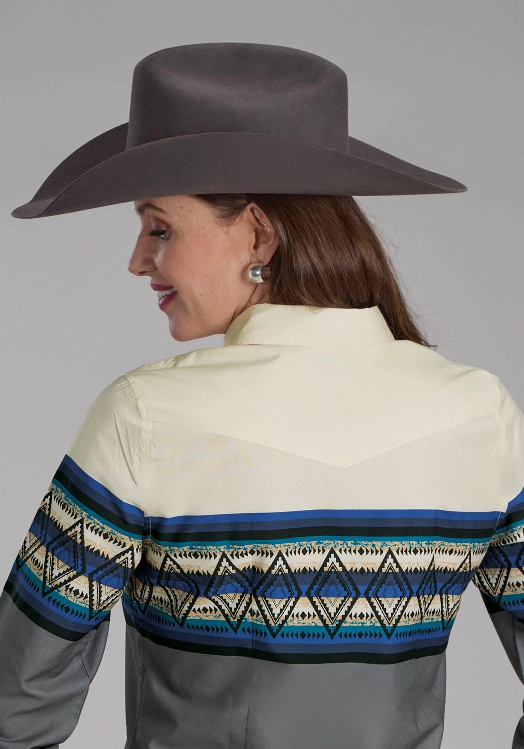 EasyCare Fabric Classic Color Roper Womens Retro Diamond Border Blue 100% Cotton L/S Shirt