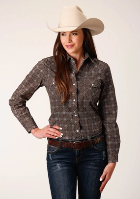 Roper Womens Retro Print Brown Cotton Blend L/S Shirt Breathable Cotton shopping spree