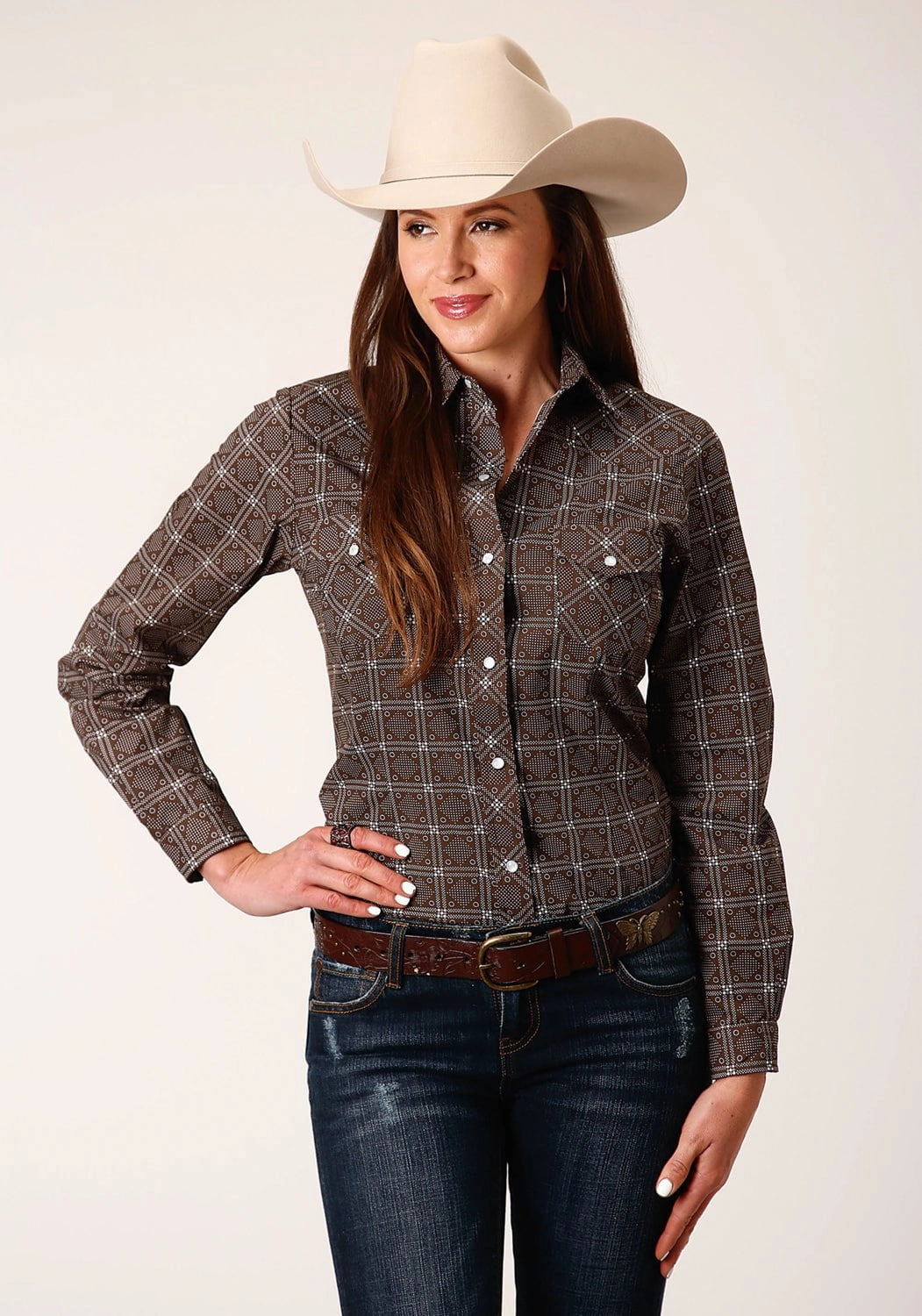 Roper Womens Retro Print Brown Cotton Blend L/S Shirt Breathable Cotton shopping spree