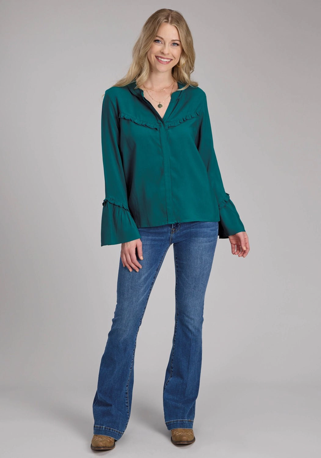 Smooth zipper closure Roper Womens Ruffle Trim Challis Teal 100% Rayon L/S Blouse