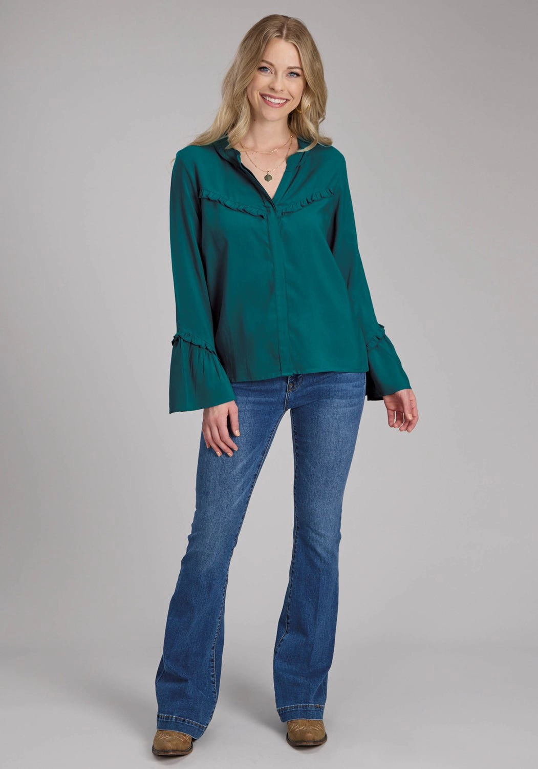 Roper Womens Ruffle Trim Challis Teal 100% Rayon L/S Blouse Trendy Vibes