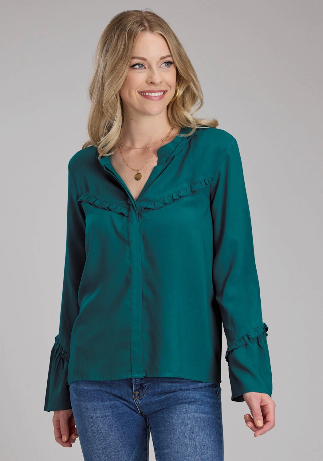 Roper Womens Ruffle Trim Challis Teal 100% Rayon L/S Blouse Non Restrictive Armhole Modern Aesthetic