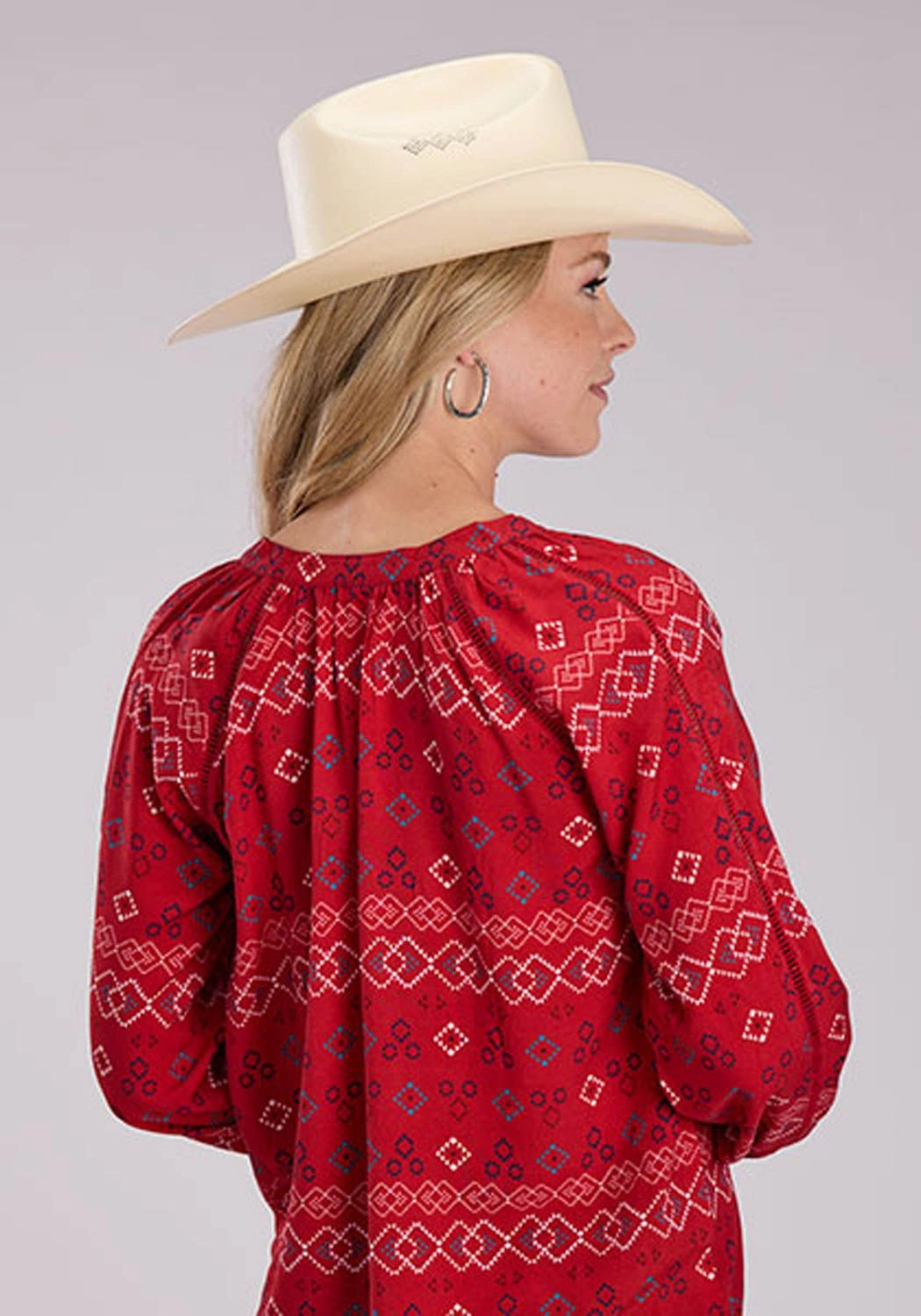 Unisex Choice Polished Finish Roper Womens RWB Aztec Peasant Red 100% Rayon L/S Blouse