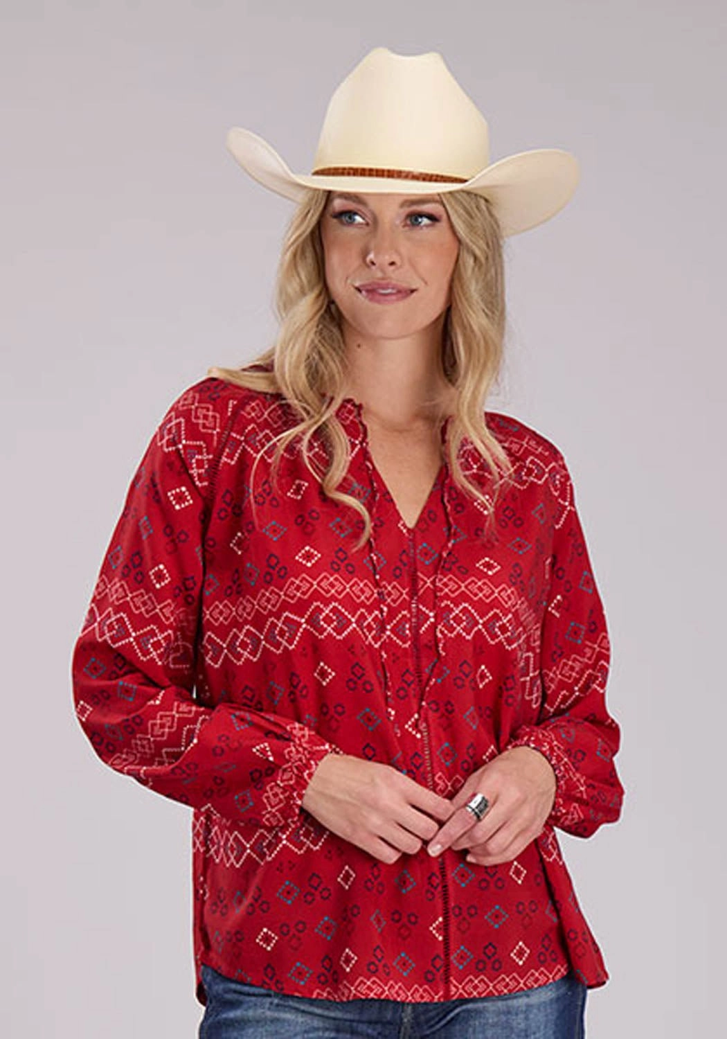 Roper Womens RWB Aztec Peasant Red 100% Rayon L/S Blouse Neutral Colors Subtle pattern