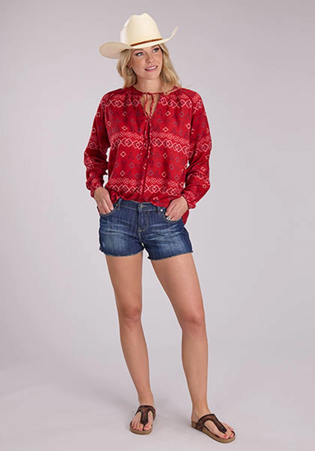 Roper Womens RWB Aztec Peasant Red 100% Rayon L/S Blouse Sustainable Choice