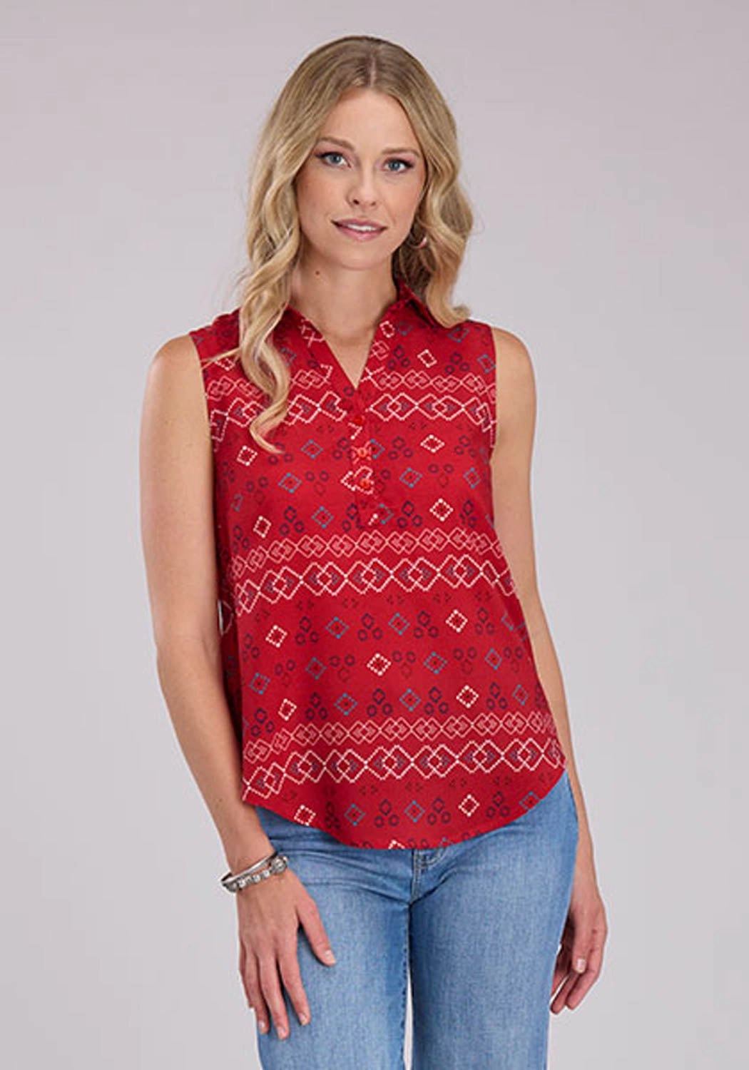 Roper Womens RWB Aztec Red 100% Rayon S/L Blouse Low Profile Pocket Design