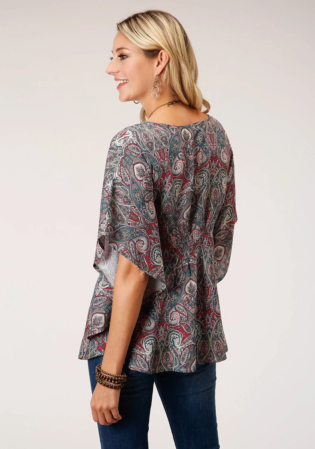Roper Womens Sage Rayon/Nylon Paisley Print S/S Blouse V-Neck