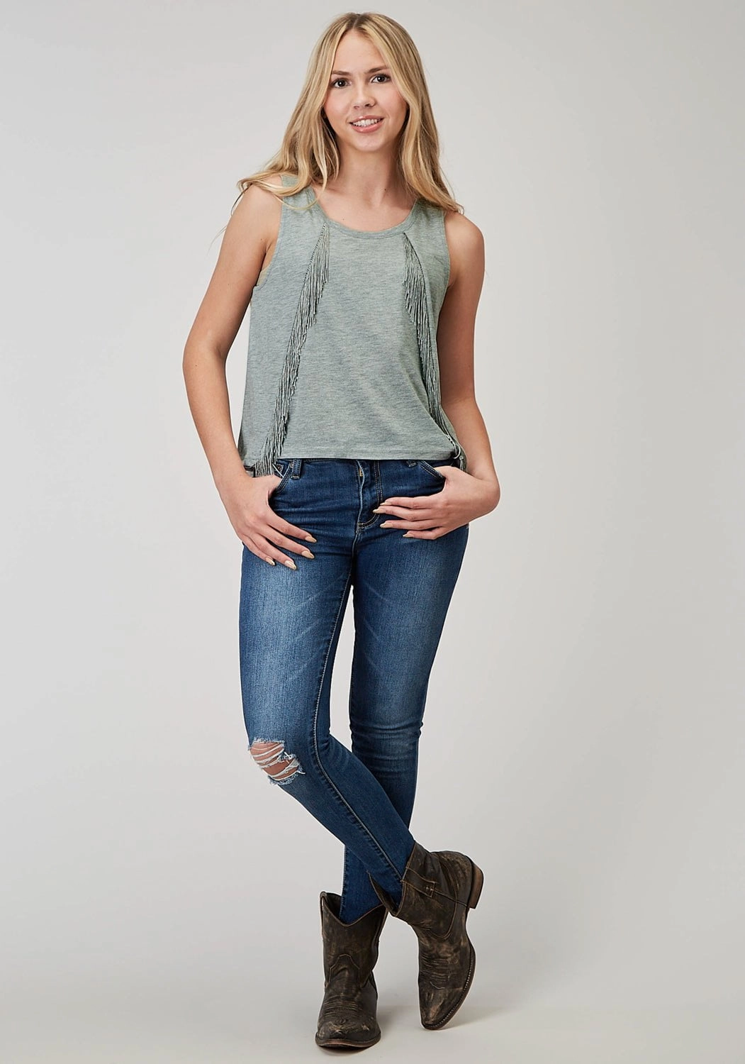 Roper Womens Scoop Neck Fringe Grey Poly/Cotton S/L Tank Top Roomy Cut