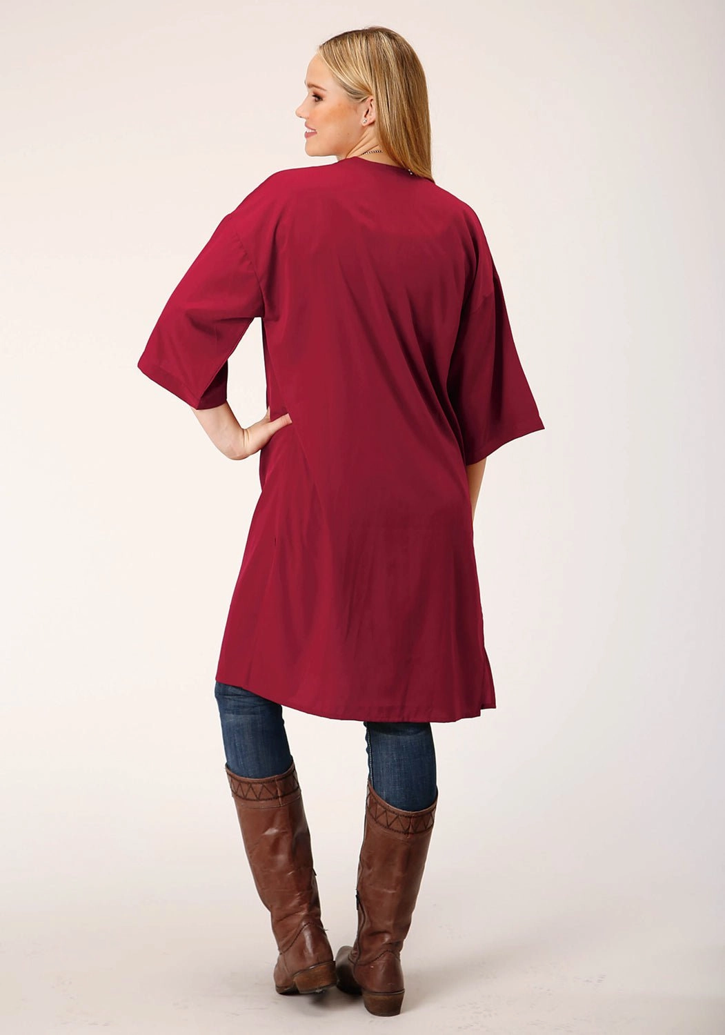 Hidden Pocket System Roper Womens Short Sleeve Midi Red Rayon/Nylon Car digan Sweater