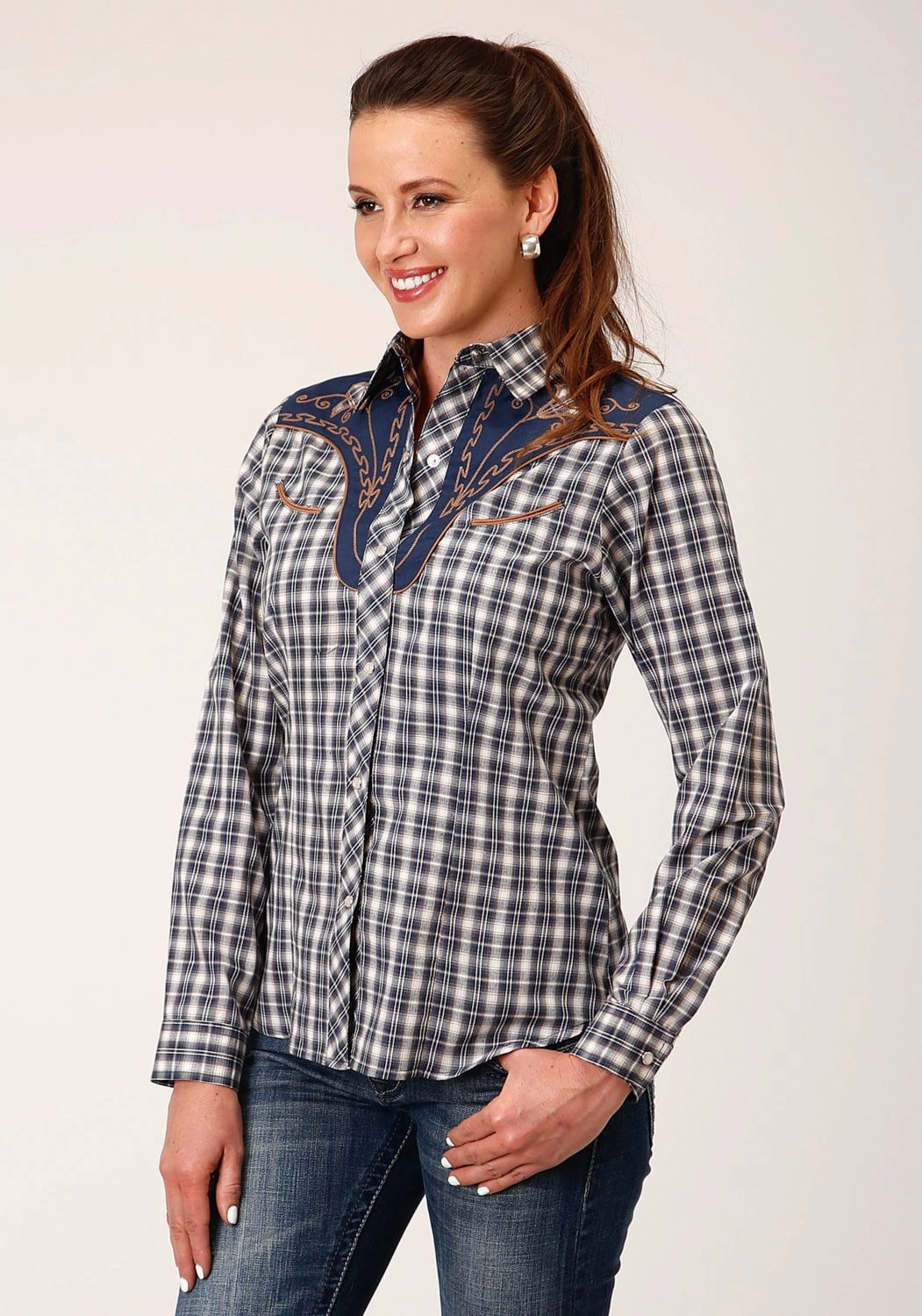 Anti Pilling Finish vacation wear Roper Womens Small Scale Plaid Blue Cotton Blend L/S Shirt