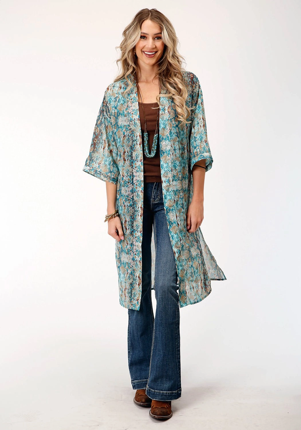 Quilted Insulation Belted Waist Roper Womens Snake Print Green 100% Polyester Kimono