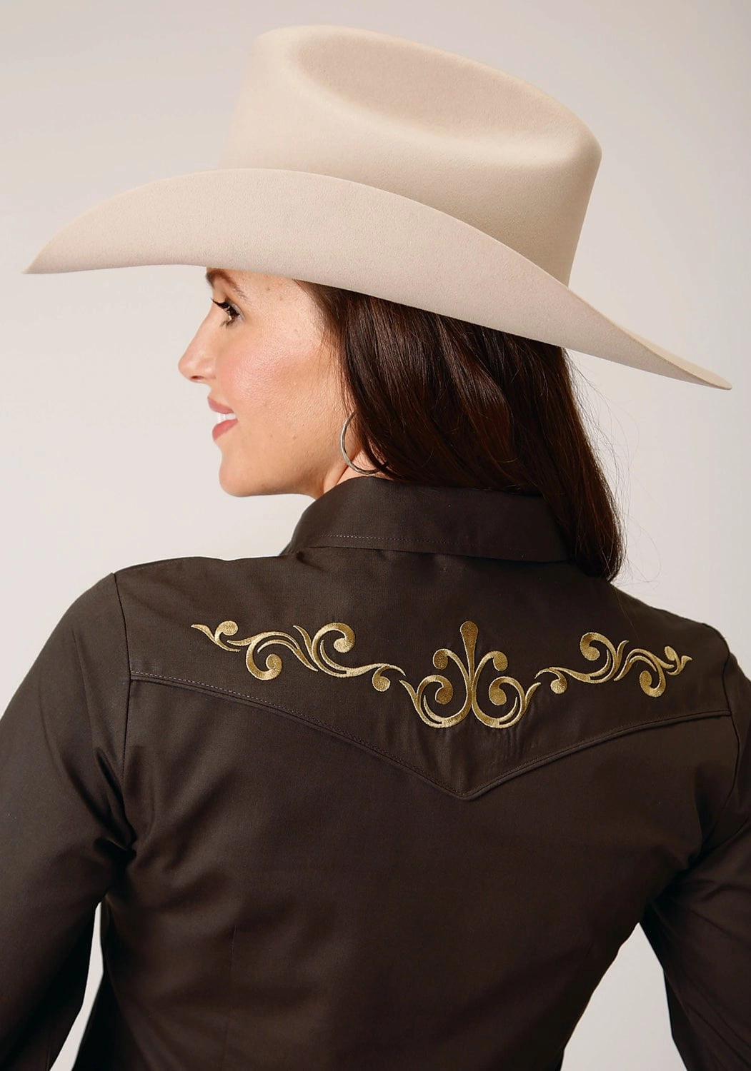 Roper Womens Solid Broadcloth Deep Chocolate Cotton Blend L/S Shirt Cooling Mesh Lining Printed Pattern