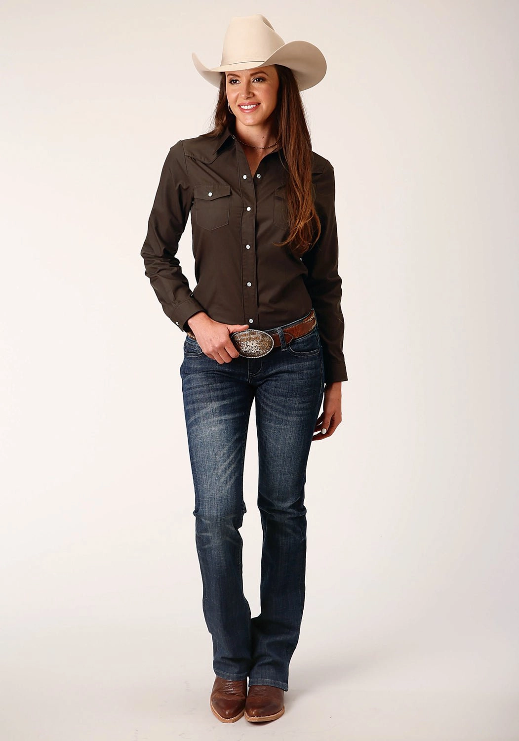 Wrinkle-Free Roper Womens Solid Broadcloth Deep Chocolate Cotton Blend L/S Shirt