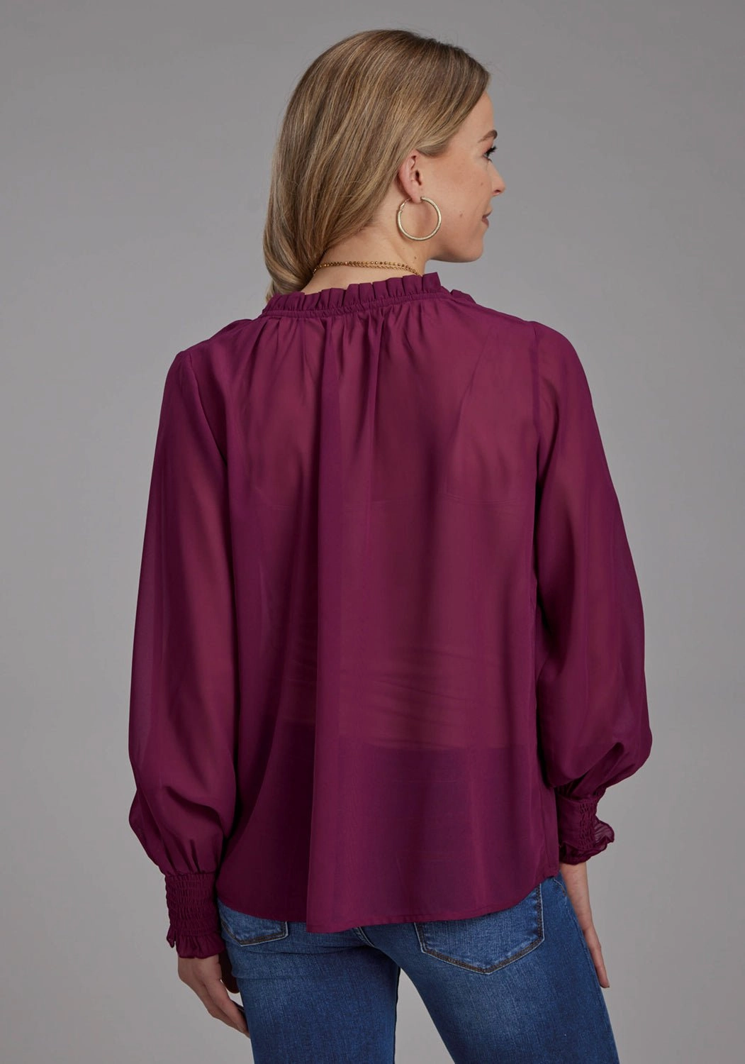 Reinforced Elbow Patches Tall Length Roper Womens Split Front Keyhole Wine 100% Polyester L/S Blouse