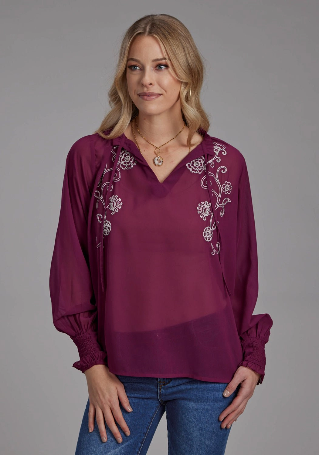Non Iron Roper Womens Split Front Keyhole Wine 100% Polyester L/S Blouse