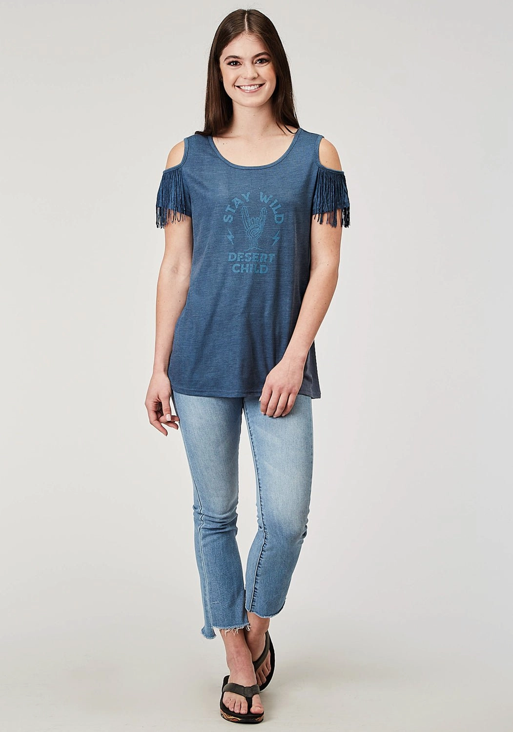 Roper Womens Stay Wild Navy Poly/Cotton Cold Shoulder S/S T-Shirt Plus Size Versatile Layering Piece