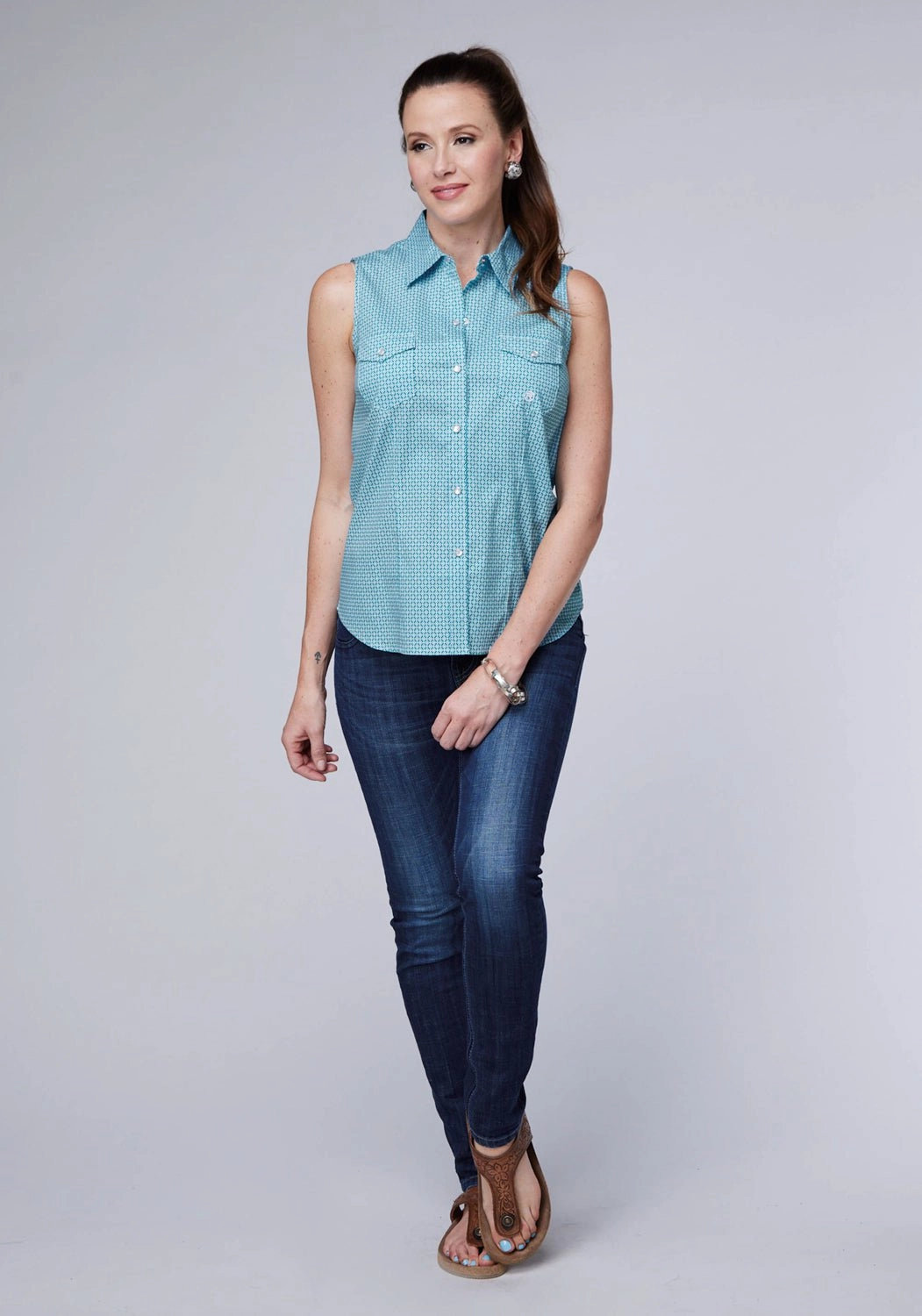 Roper Womens Stretch Neat Green Cotton Blend S/L Shirt Sustainable Manufacturing Process Affordable Fashion