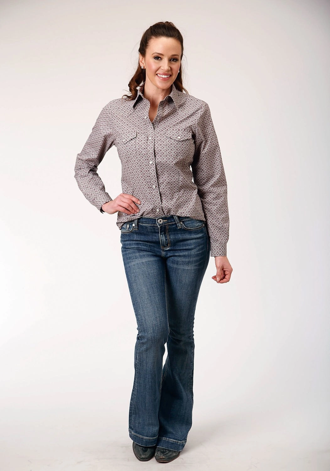 Roper Womens Taupe Retro Wine Cotton Blend L/S Shirt Thermal regulation Poolside Lounge