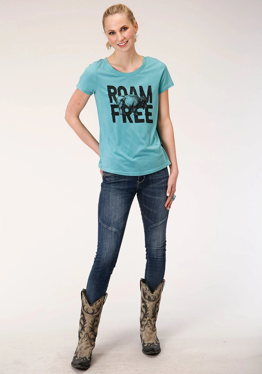 Reinforced Elbow Patches Casual Comfort Roper Womens Teal Poly/Rayon Roam Free S/S Buffalo T-Shirt