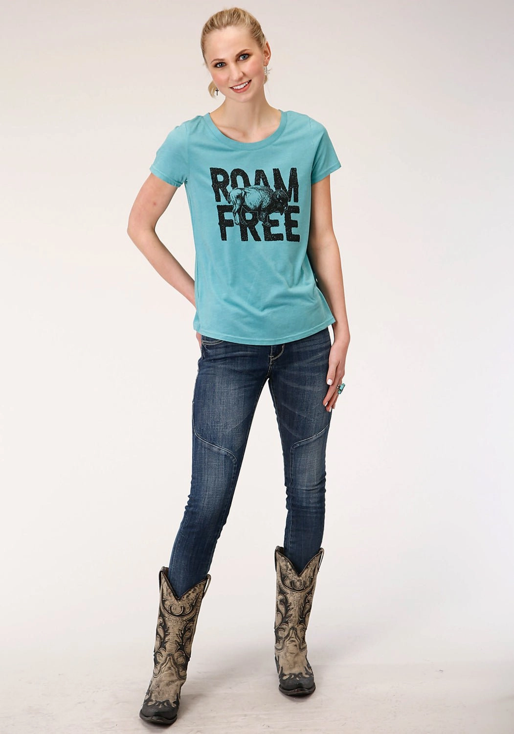 Lounge Wear Quick Dry Technology Roper Womens Teal Poly/Rayon Roam Free S/S Buffalo T-Shirt