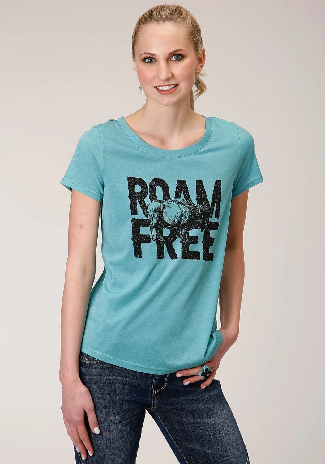 Roper Womens Teal Poly/Rayon Roam Free S/S Buffalo T-Shirt Multi Functional Pockets Lounge Wear
