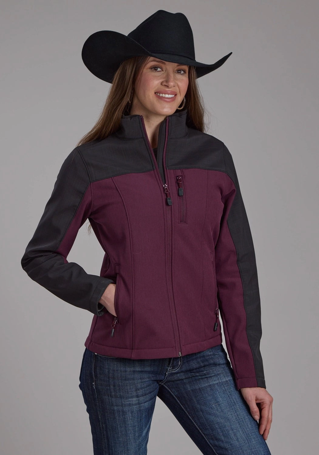 Chill Day Layer Utility Pockets Roper Womens Technical Pieced Wine/Gray Polyester Softshell Jacket