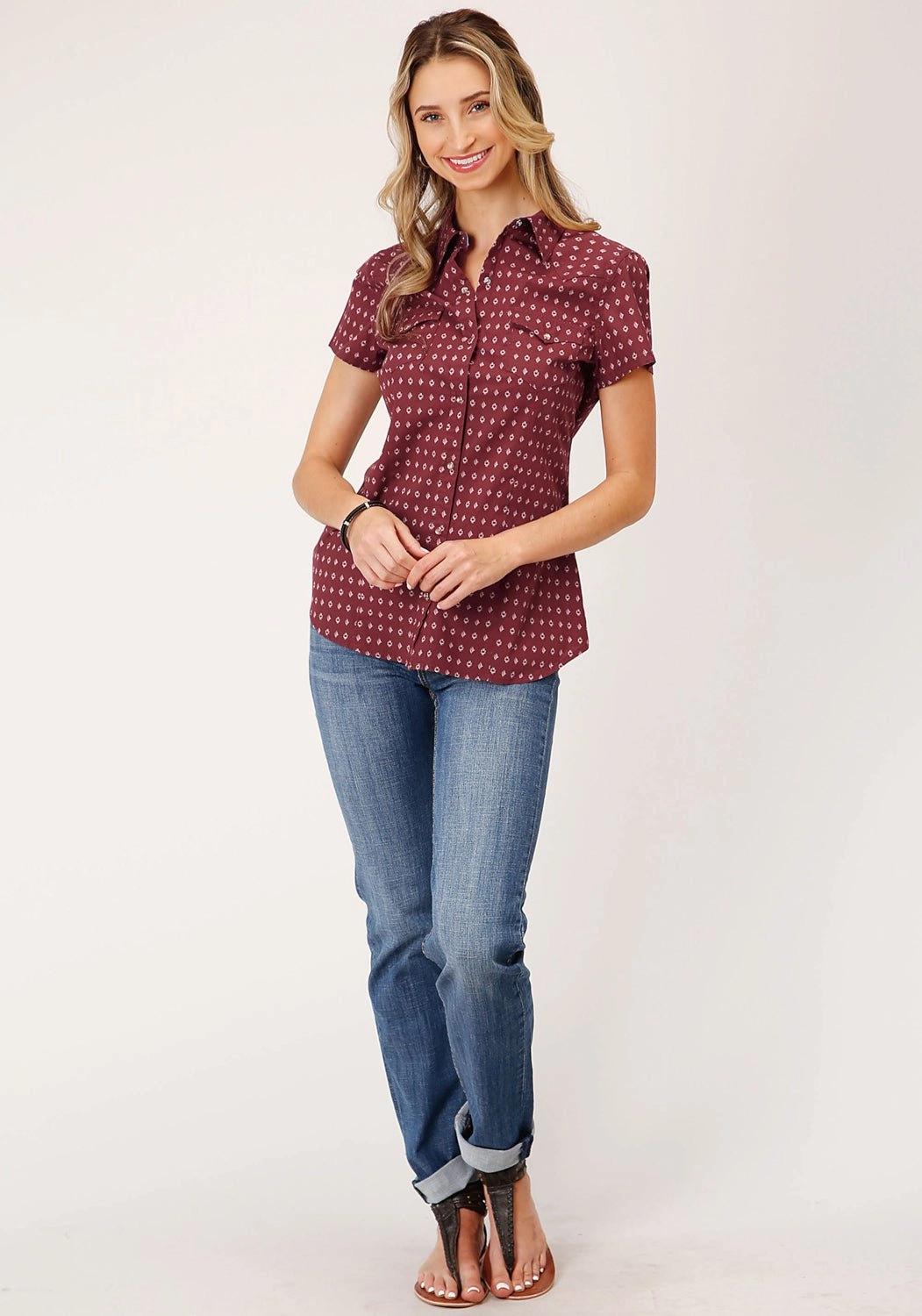 Roper Womens Texture Diamond Red 100% Cotton S/S Shirt Mountain Escape Corporate Wear