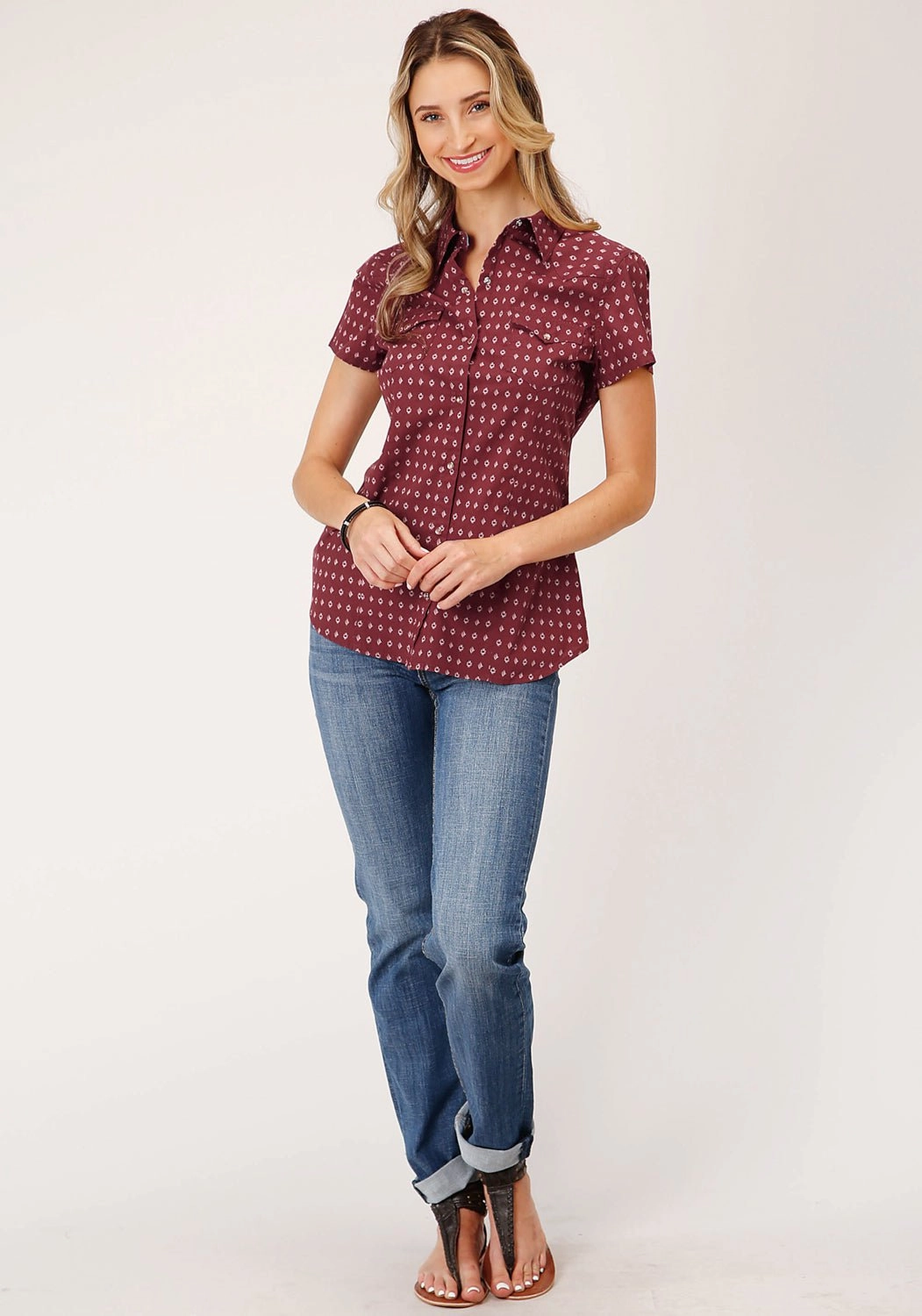 Anti Pilling Surface Roper Womens Texture Diamond Red 100% Cotton S/S Shirt