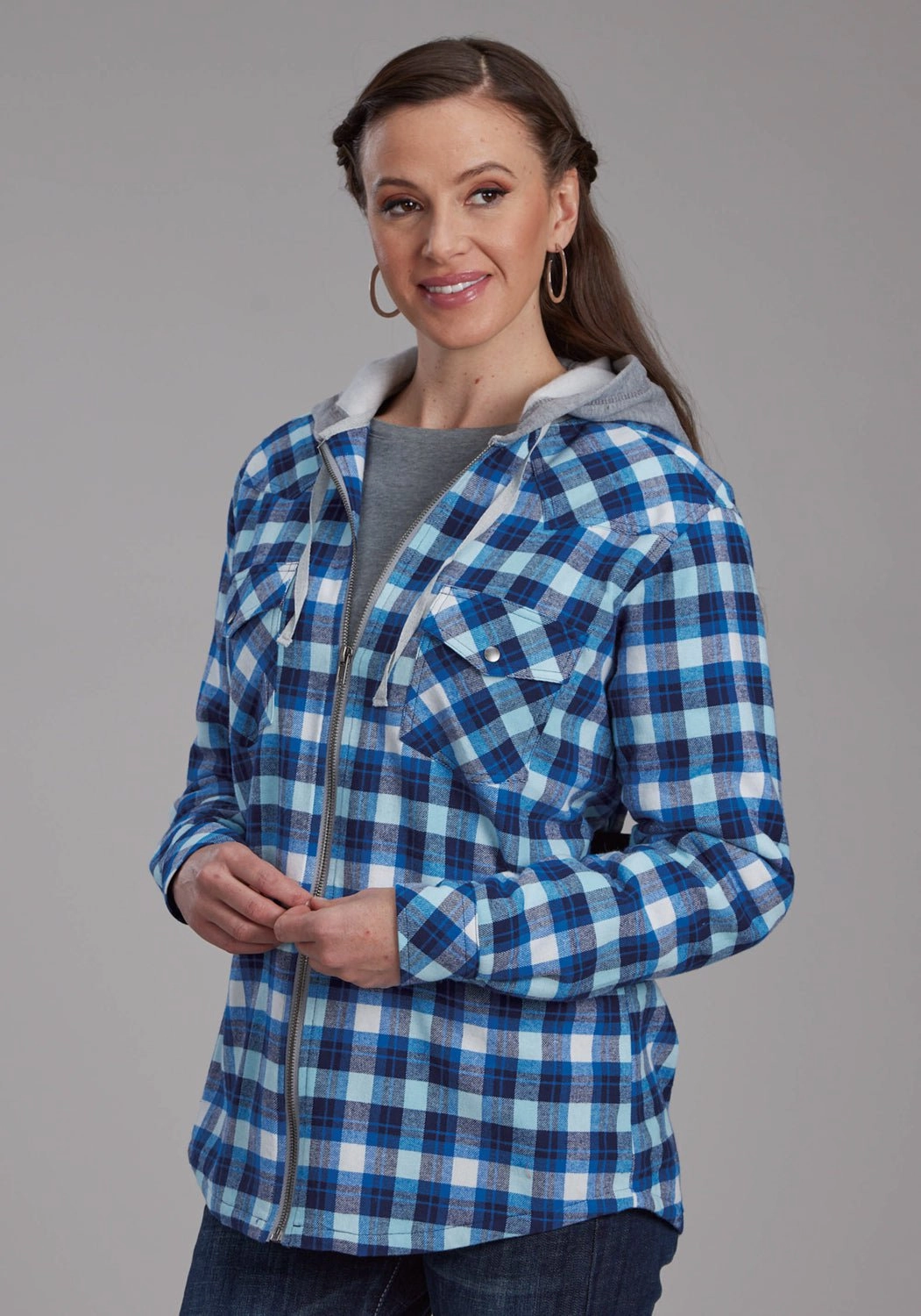Roper Womens Thermal Lined Flannel Blue/White 100% Cotton Jacket Easy Care Fabric Hidden Storage Compartments