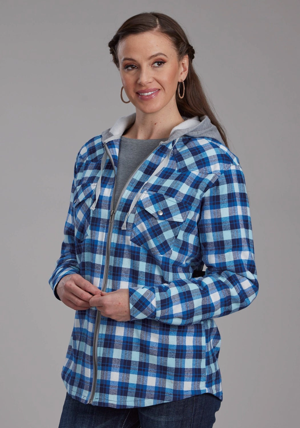Roper Womens Thermal Lined Flannel Blue/White 100% Cotton Jacket Convertible styles