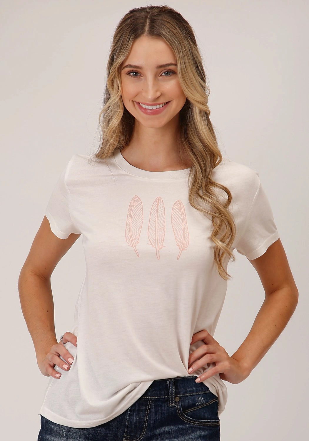 Roper Womens Three Feathers White Poly/Rayon S/S T-Shirt Water Repellent Finish