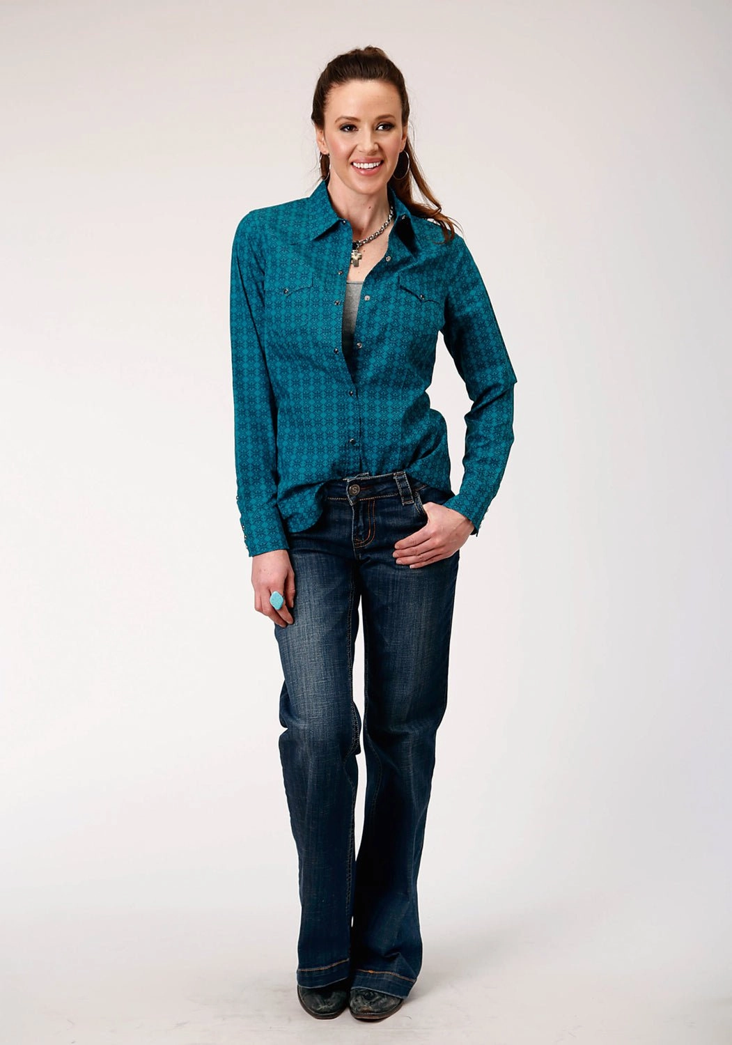 Roper Womens Tiles Print Green 100% Cotton L/S Shirt Button-up Anti Static Treatment