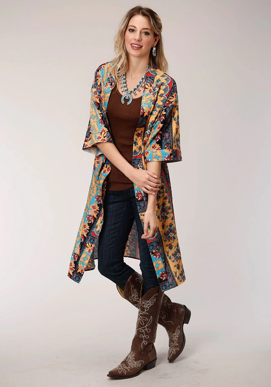 Roper Womens Turquoise Polyester Baroque Floral Cardigan Double stitching Slim Silhouette