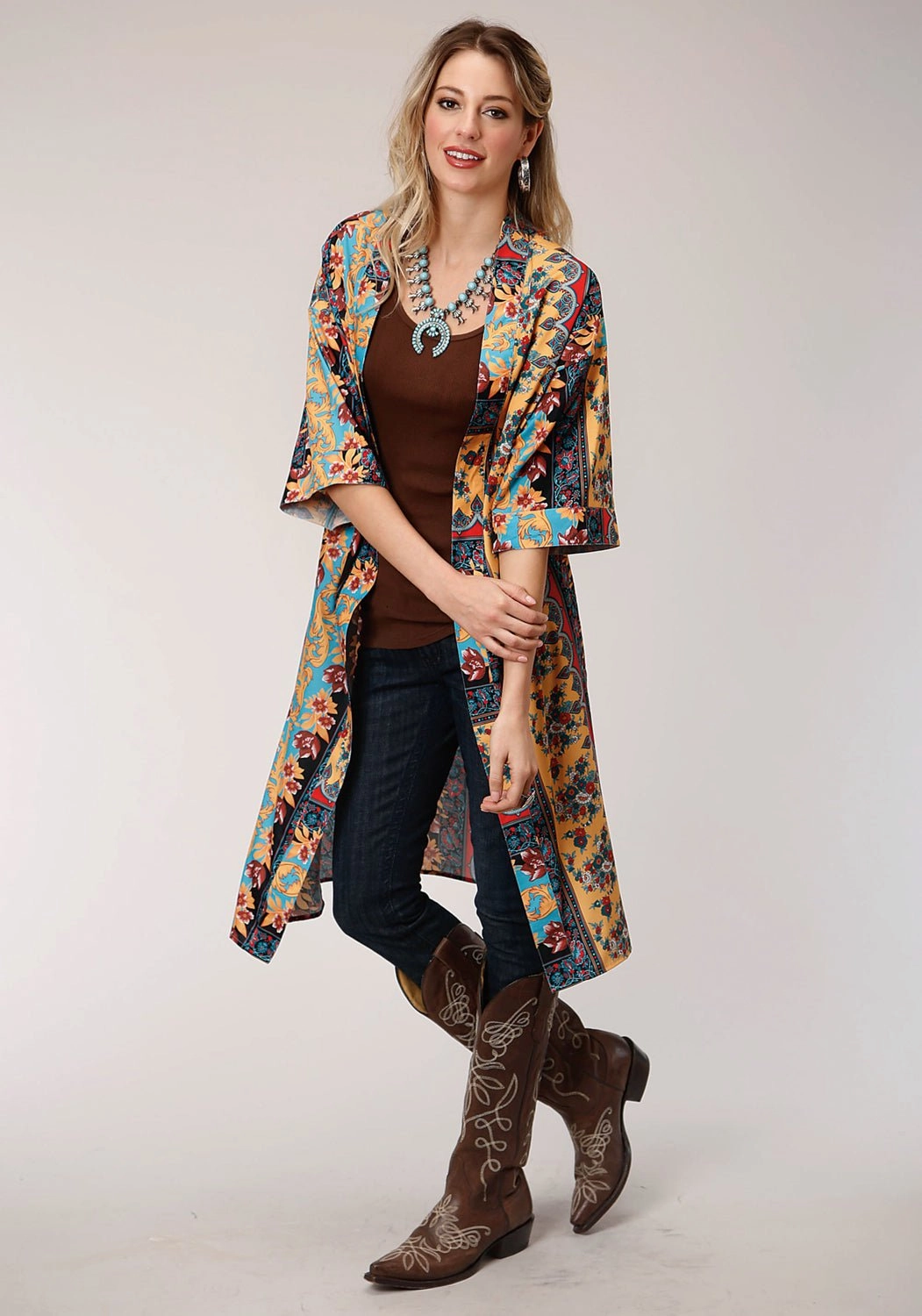 Winter Comfort Layer Roper Womens Turquoise Polyester Baroque Floral Cardigan