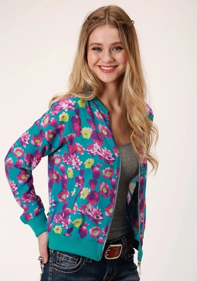 Short Length Reinforced Elbows Roper Womens Turquoise/Purple Rayon/Nylon Cactus Floral Jacket