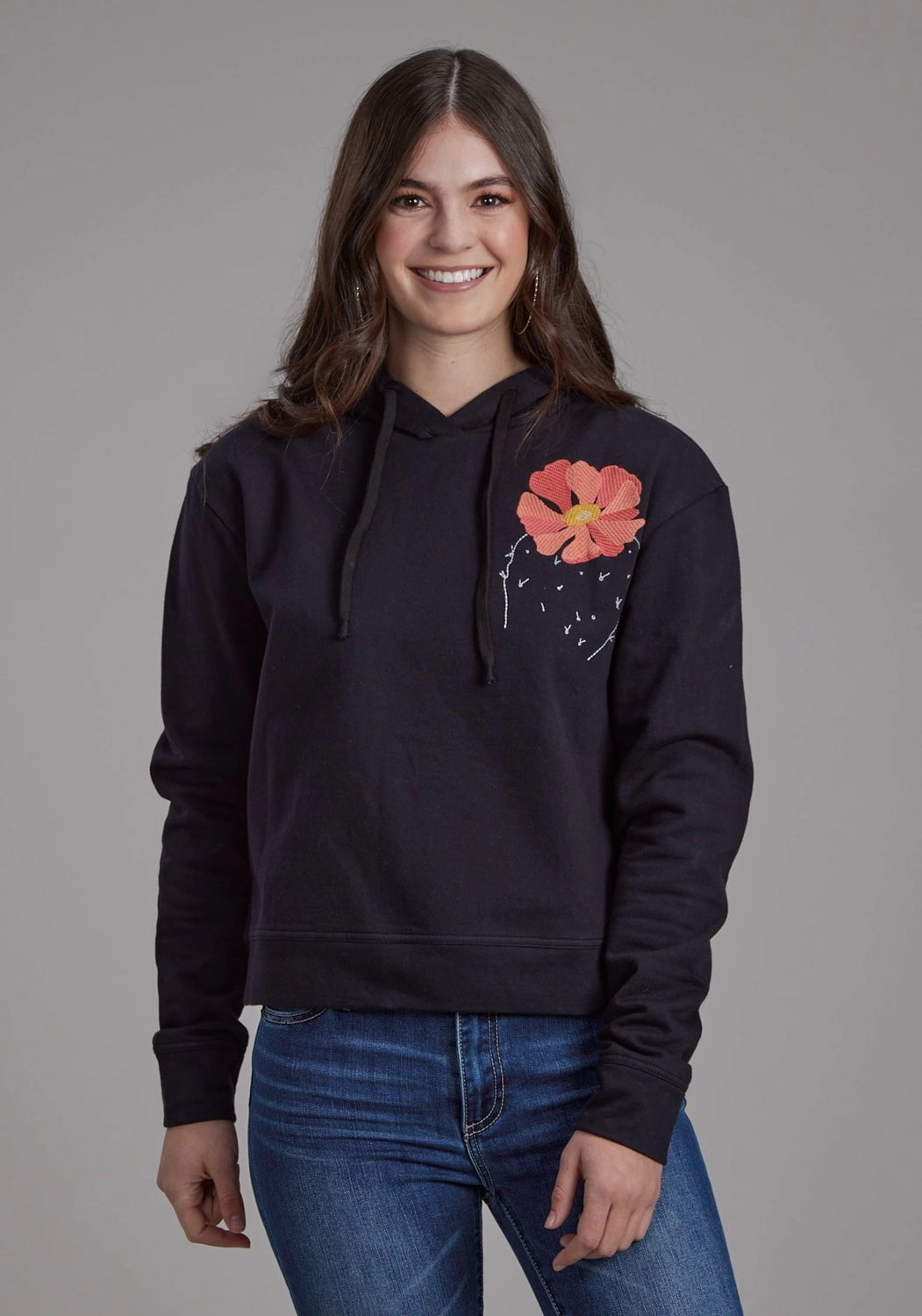 Roper Womens Twill Hood Flower Black 100% Cotton Hoodie Everyday apparel