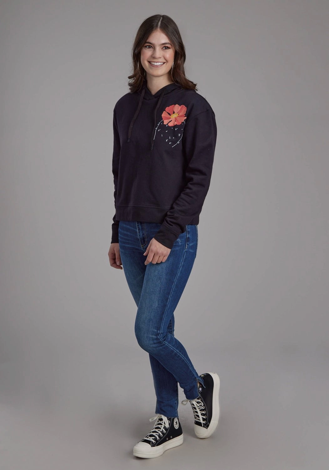 Roper Womens Twill Hood Flower Black 100% Cotton Hoodie Autumn Ready Quick Drying