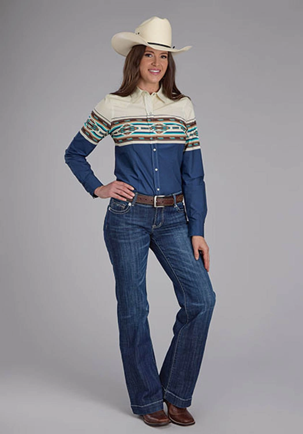 Roper Womens Vintage Aztec Border Blue/White 100% Cotton L/S Shirt Youthful Vibe Coffee Run