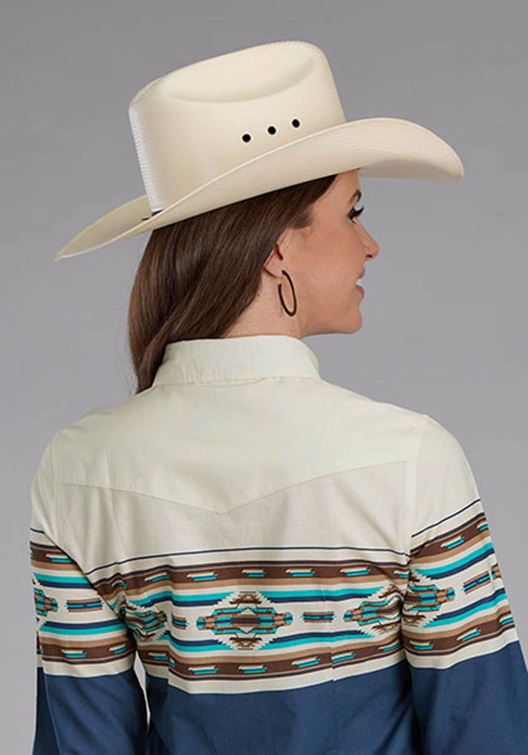 Sustainable Dye Process Shimmer Effect Roper Womens Vintage Aztec Border Blue/White 100% Cotton L/S Shirt