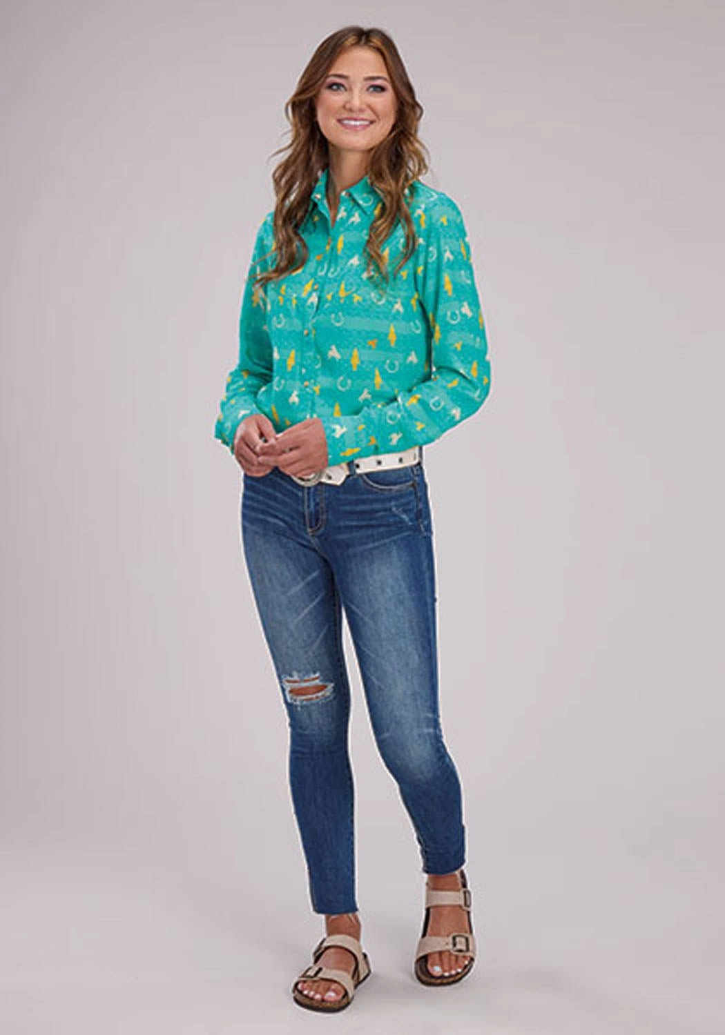 Casual Comfort Roper Womens Vintage Aztec Print Turquoise 100% Rayon L/S Blouse