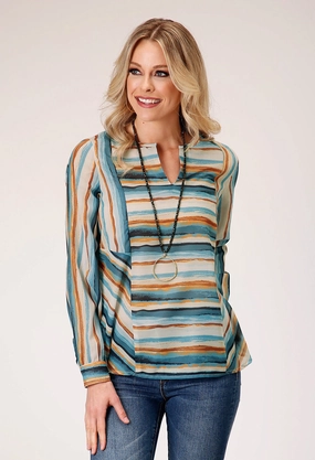 High-Quality Craftsmanship Matte Finish Roper Womens Watercolor Stripe Multi-Color 100% Polyester L/S Tunic