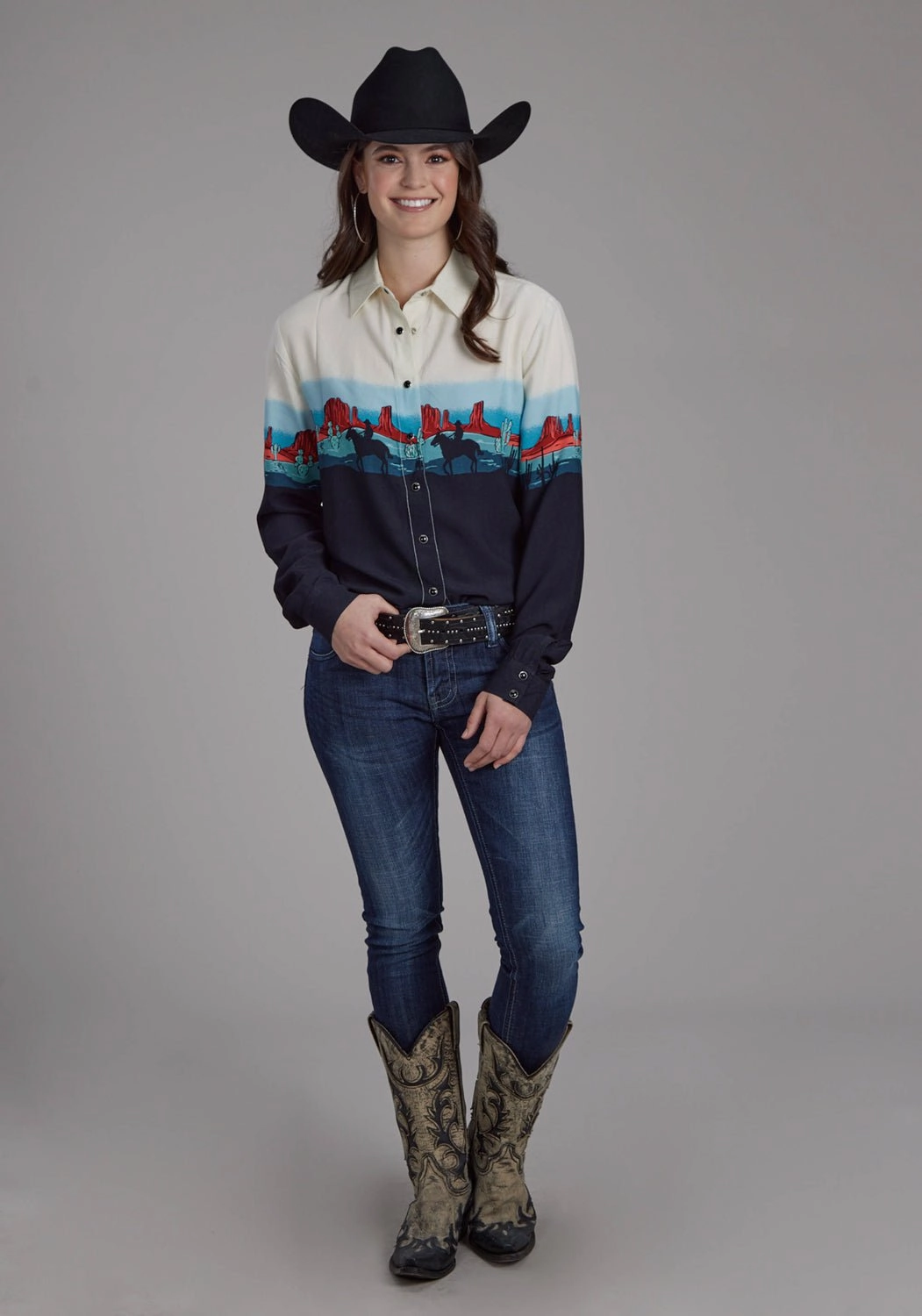 Roper Womens Western Border Snap Black 100% Rayon L/S Blouse Smooth Cotton Blend