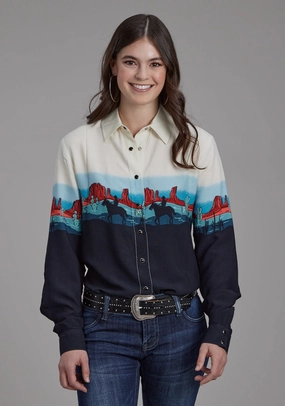 Travel Essential Roper Womens Western Border Snap Black 100% Rayon L/S Blouse