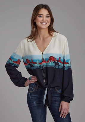 Roper Womens Western Border V-Neck Black 100% Rayon L/S Blouse Winter Fashion