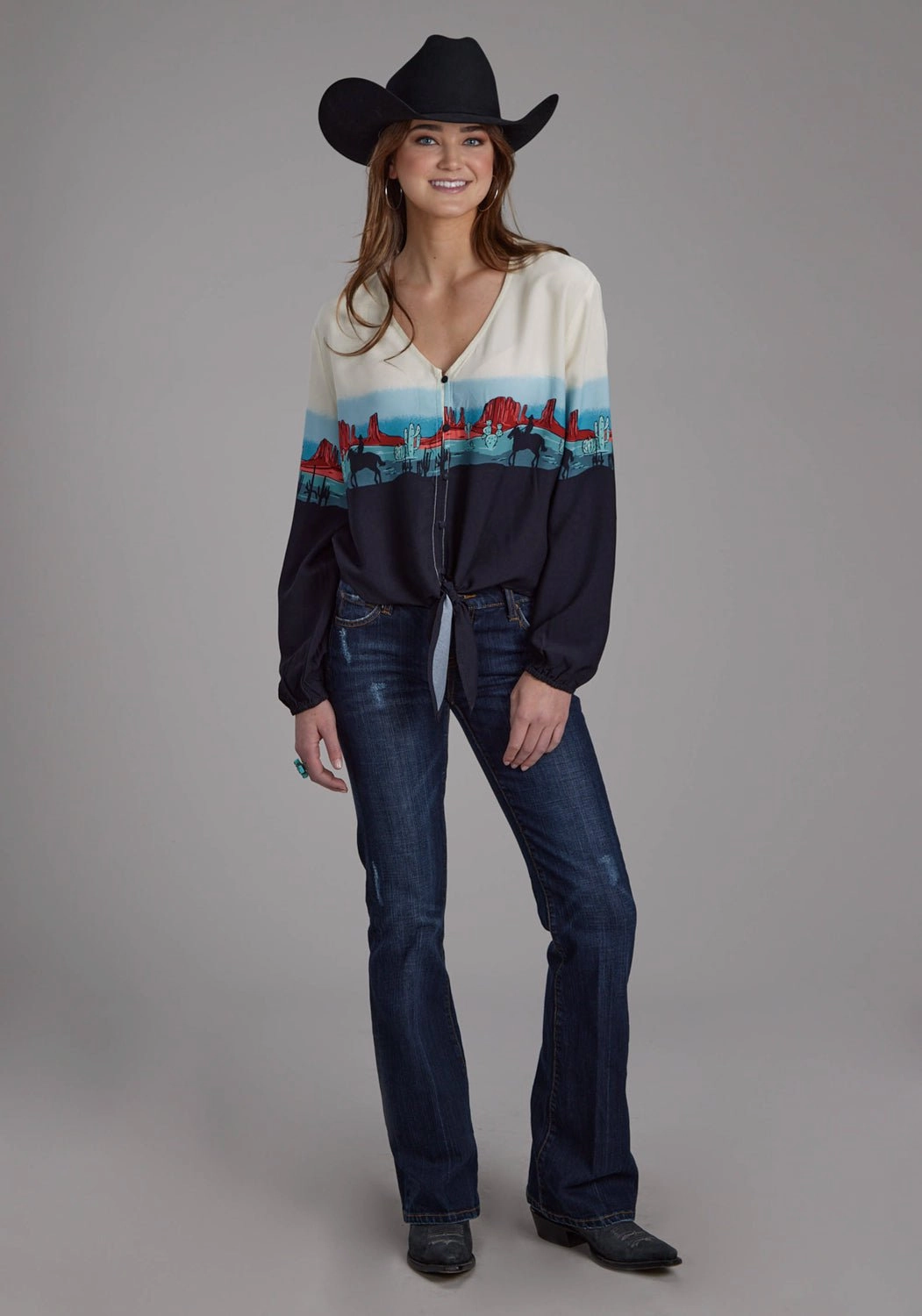 Roper Womens Western Border V-Neck Black 100% Rayon L/S Blouse Multi Layer Stitching